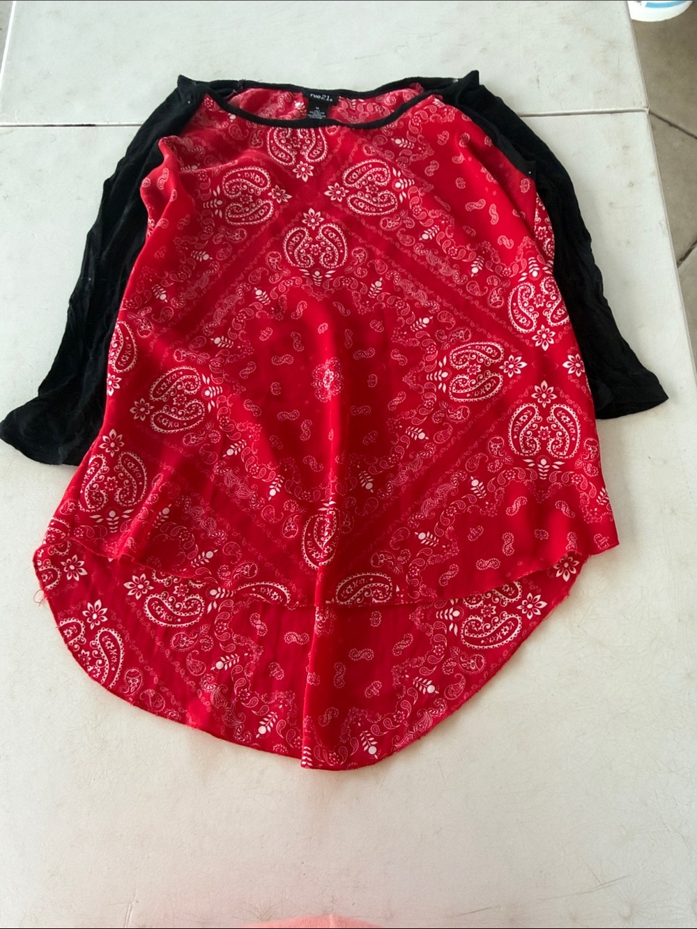 Rue21 Red Bandana Print Raglan Top with Black Sleeves